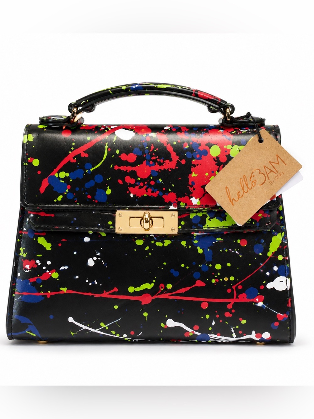 Hello 3AM Black Paint-Splatter Top-Handle Bag